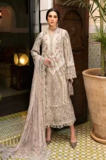 Maria b, luxe lawn 25’ , 3 PIECE SUIT , unstitched, lawn , beige color , D-2514-b, FRONT
