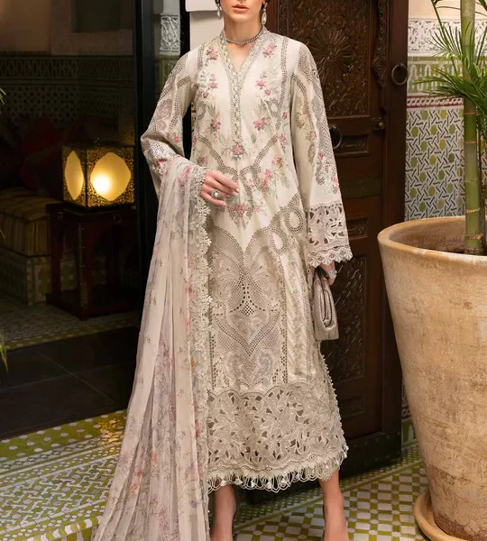 Maria b, luxe lawn 25’ , 3 PIECE SUIT , unstitched, lawn , beige color , D-2514-b, FRONT