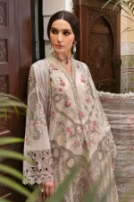 Maria b, luxe lawn 25’ , 3 PIECE SUIT , unstitched, lawn , beige color , D-2514-b, FRONT neck