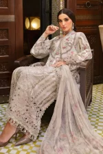 Maria b, luxe lawn 25’ , 3 PIECE SUIT , unstitched, lawn , beige color , D-2514-b, FRONT shirt