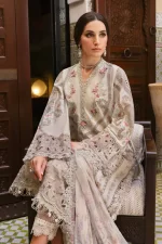 Maria b, luxe lawn 25’ , 3 PIECE SUIT , unstitched, lawn , beige color , D-2514-b, FRONT shirt neck