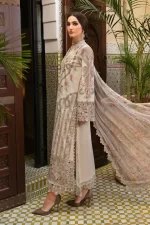 Maria b, luxe lawn 25’ , 3 PIECE SUIT , unstitched, lawn , beige color , D-2514-b, side look