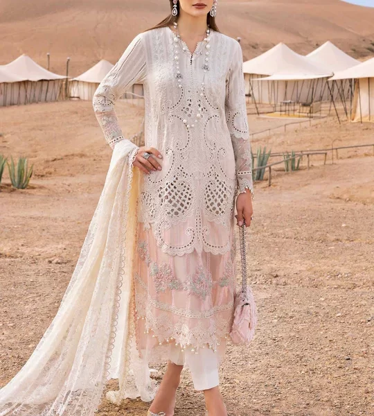 Maria b, luxury chiffon, 2025 collection , 3 PIECE SUIT , unstitched, lawn ,white,pink , d-2515-a, FRONT