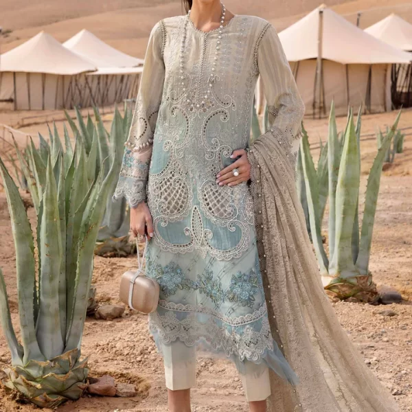 Maria b, luxury chiffon, 2025 collection , 3 PIECE SUIT , unstitched, lawn , beige & sea green , d-2515-b, FRONT