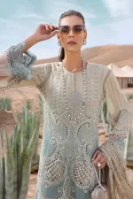 Maria b, luxury chiffon, 2025 collection , 3 PIECE SUIT , unstitched, lawn , beige & sea green , d-2515-b, FRONT, neck style