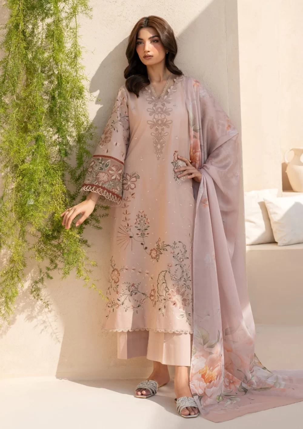 iznik, eid festive lawn 25’ , 3 PIECE SUIT , unstitched, lawn , beige color , Efl-02, FRONT