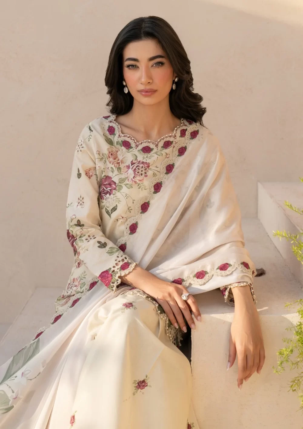 iznik, eid festive lawn 25’ , 3 PIECE SUIT , unstitched, lawn , white color , Efl-05, dupatta border