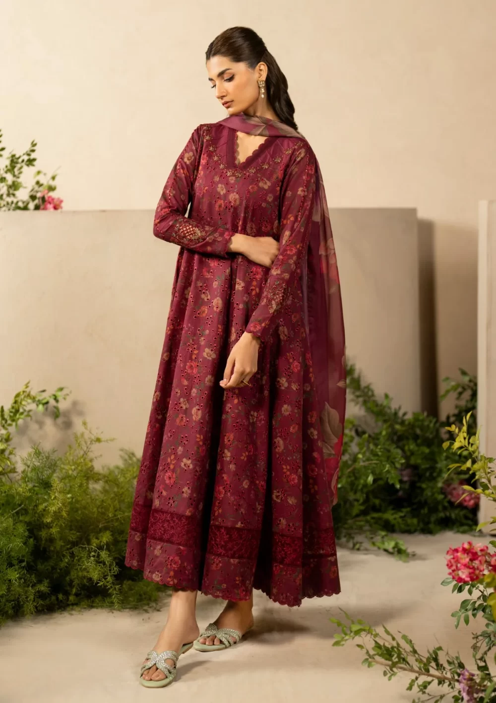 iznik, eid festive lawn 25’ , 3 PIECE SUIT , unstitched, lawn , maroon color , Efl-10, FRONT