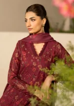 iznik, eid festive lawn 25’ , 3 PIECE SUIT , unstitched, lawn , maroon color , Efl-10, FRONT neck
