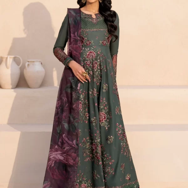 iznik, eid festive lawn 25’ , 3 PIECE SUIT , unstitched, lawn , dark green color , Efl-11, FRONT