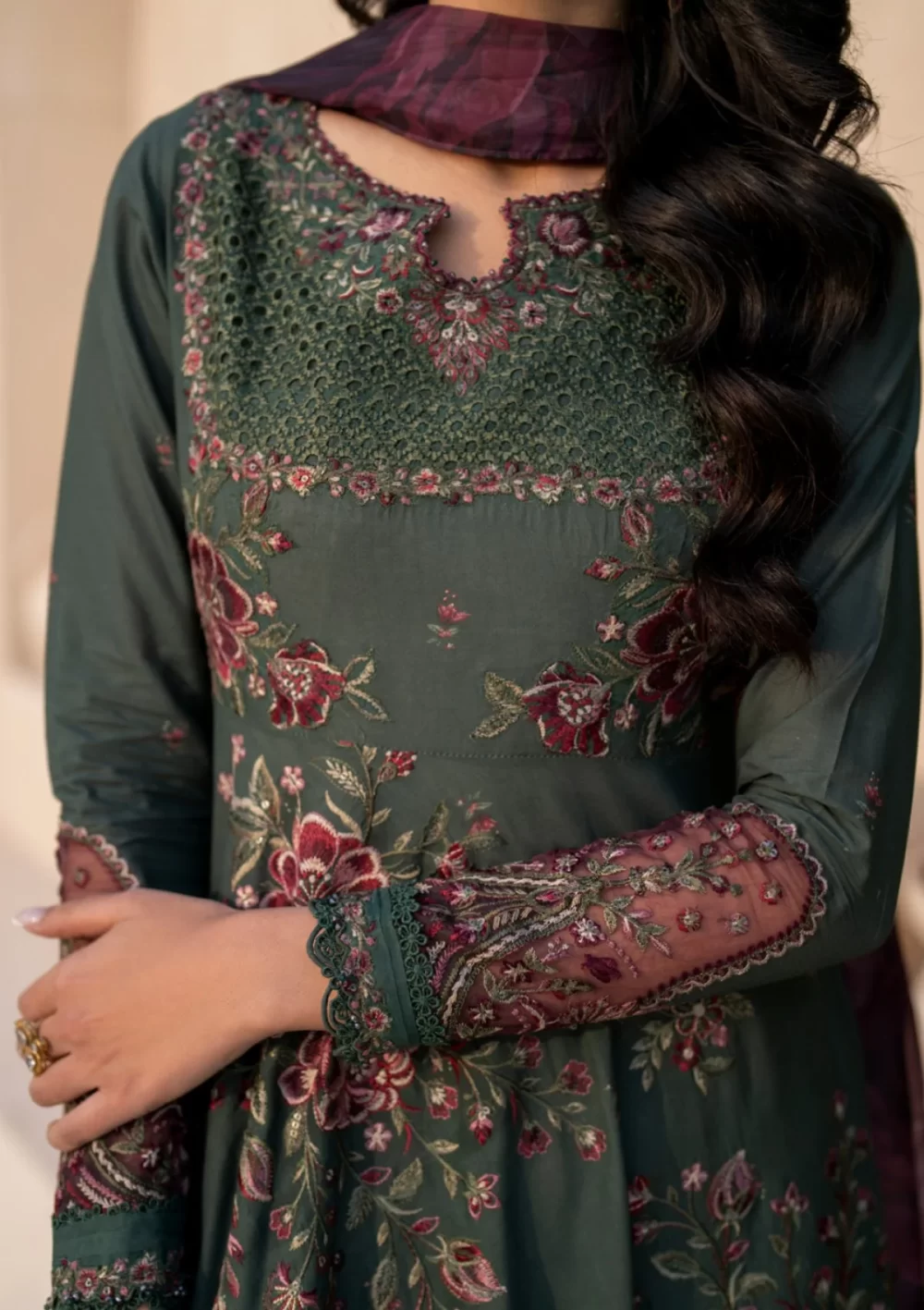 iznik, eid festive lawn 25’ , 3 PIECE SUIT , unstitched, lawn , dark green color , Efl-11, FRONT neck style