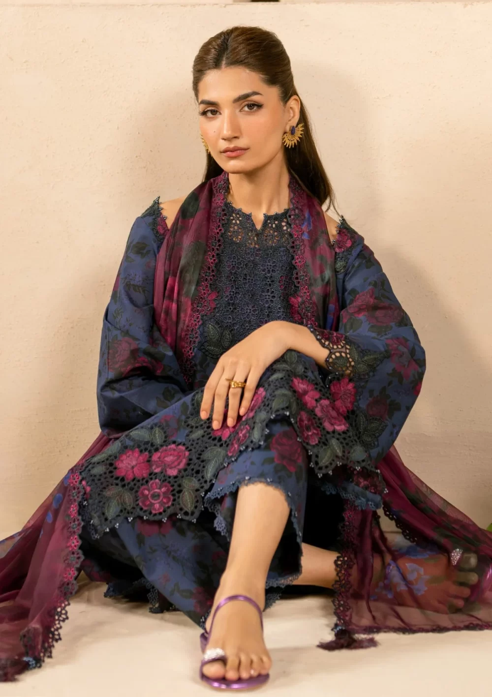 iznik, eid festive lawn 25’ , 3 PIECE SUIT , unstitched, lawn , blue color , Efl-12, FRONT shirt