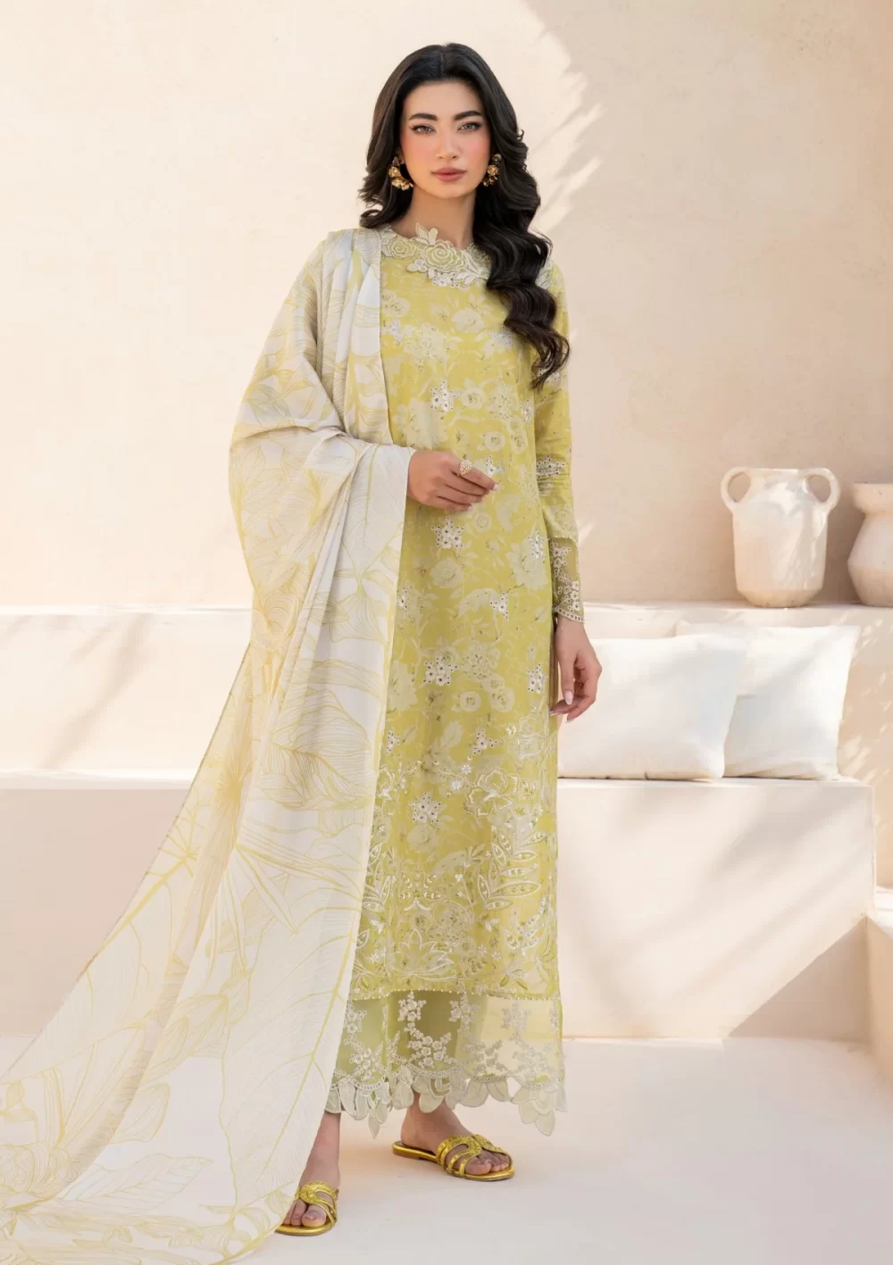 iznik, eid festive lawn 25’ , 3 PIECE SUIT , unstitched, lawn , lime yellow color , Efl-08, FRONT