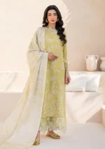 iznik, eid festive lawn 25’ , 3 PIECE SUIT , unstitched, lawn , lime yellow color , Efl-08, FRONT