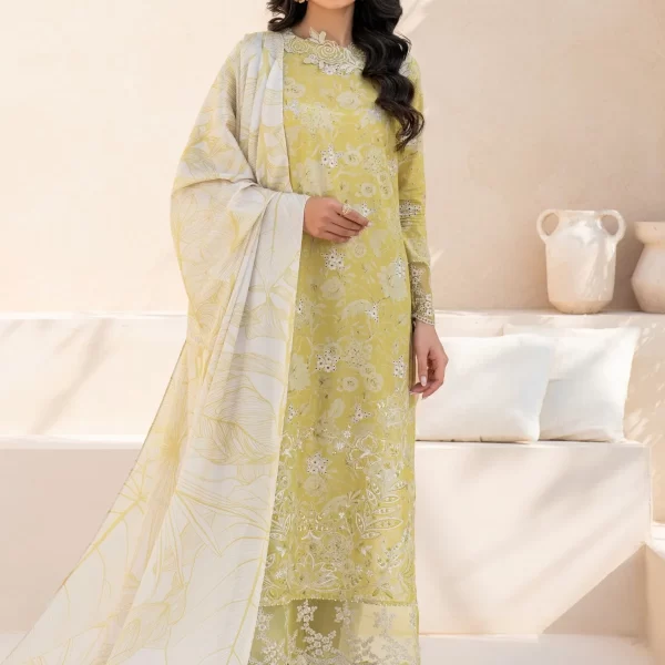 iznik, eid festive lawn 25’ , 3 PIECE SUIT , unstitched, lawn , lime yellow color , Efl-08, FRONT