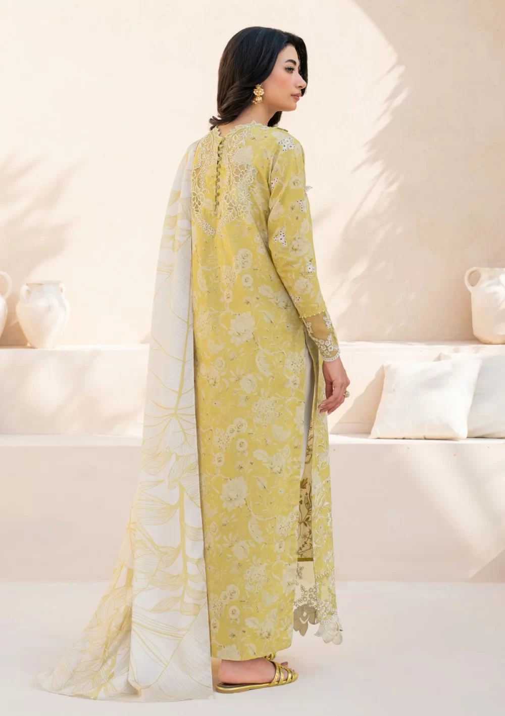 iznik, eid festive lawn 25’ , 3 PIECE SUIT , unstitched, lawn , lime yellow color , Efl-08, back