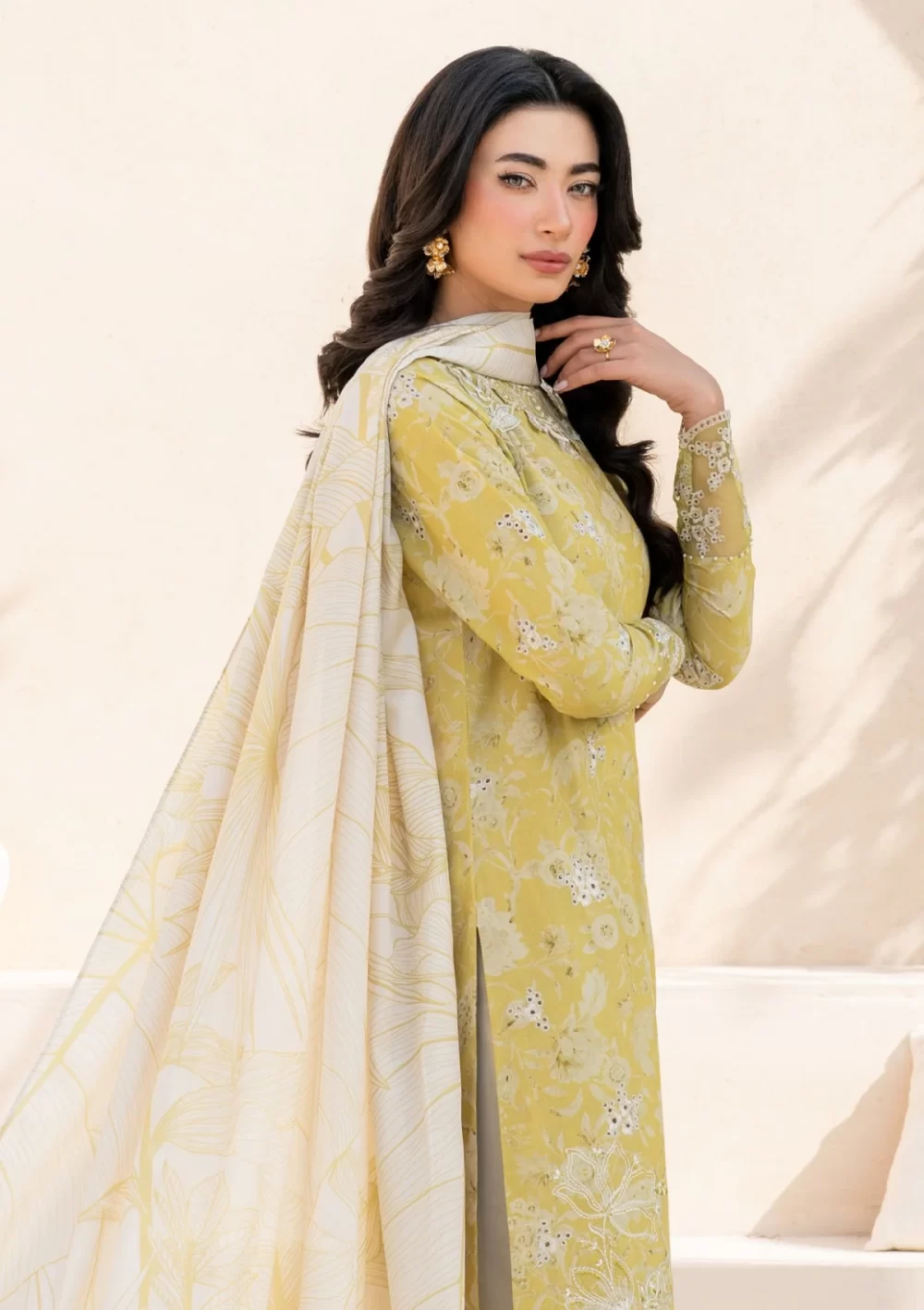 iznik, eid festive lawn 25’ , 3 PIECE SUIT , unstitched, lawn , lime yellow color , Efl-08, side look