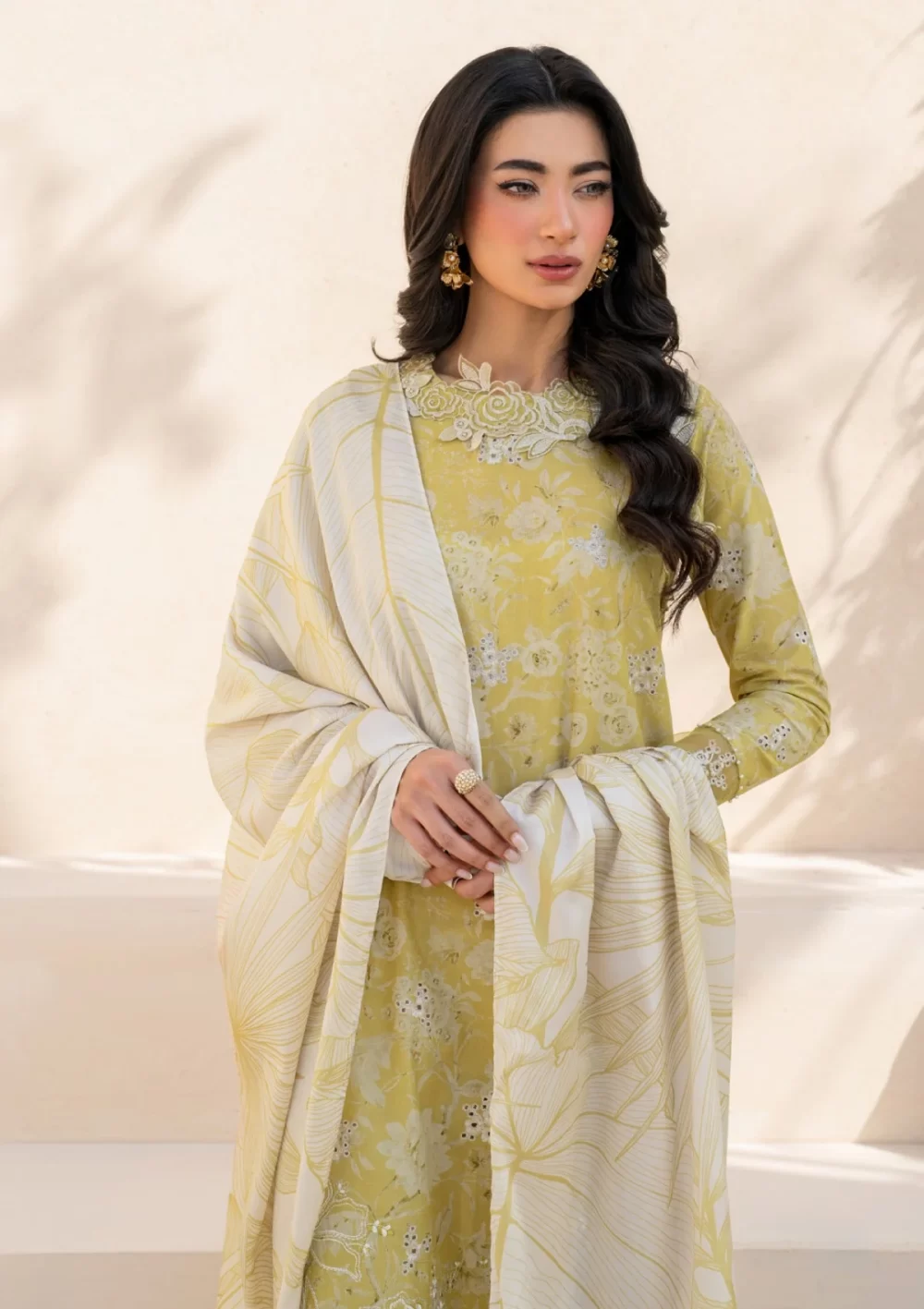iznik, eid festive lawn 25’ , 3 PIECE SUIT , unstitched, lawn , lime yellow color , Efl-08, FRONT shirt and dupatta