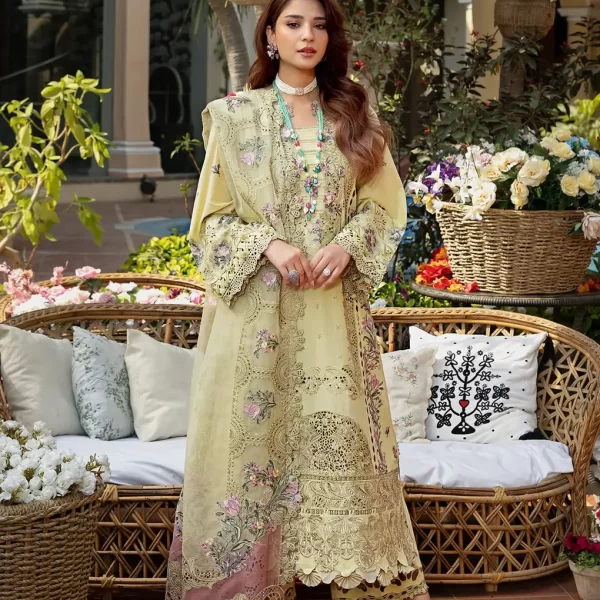 elaf, luxury lawn 25’ , 3 PIECE SUIT , unstitched, lawn , green color , Elm-3a, FRONT