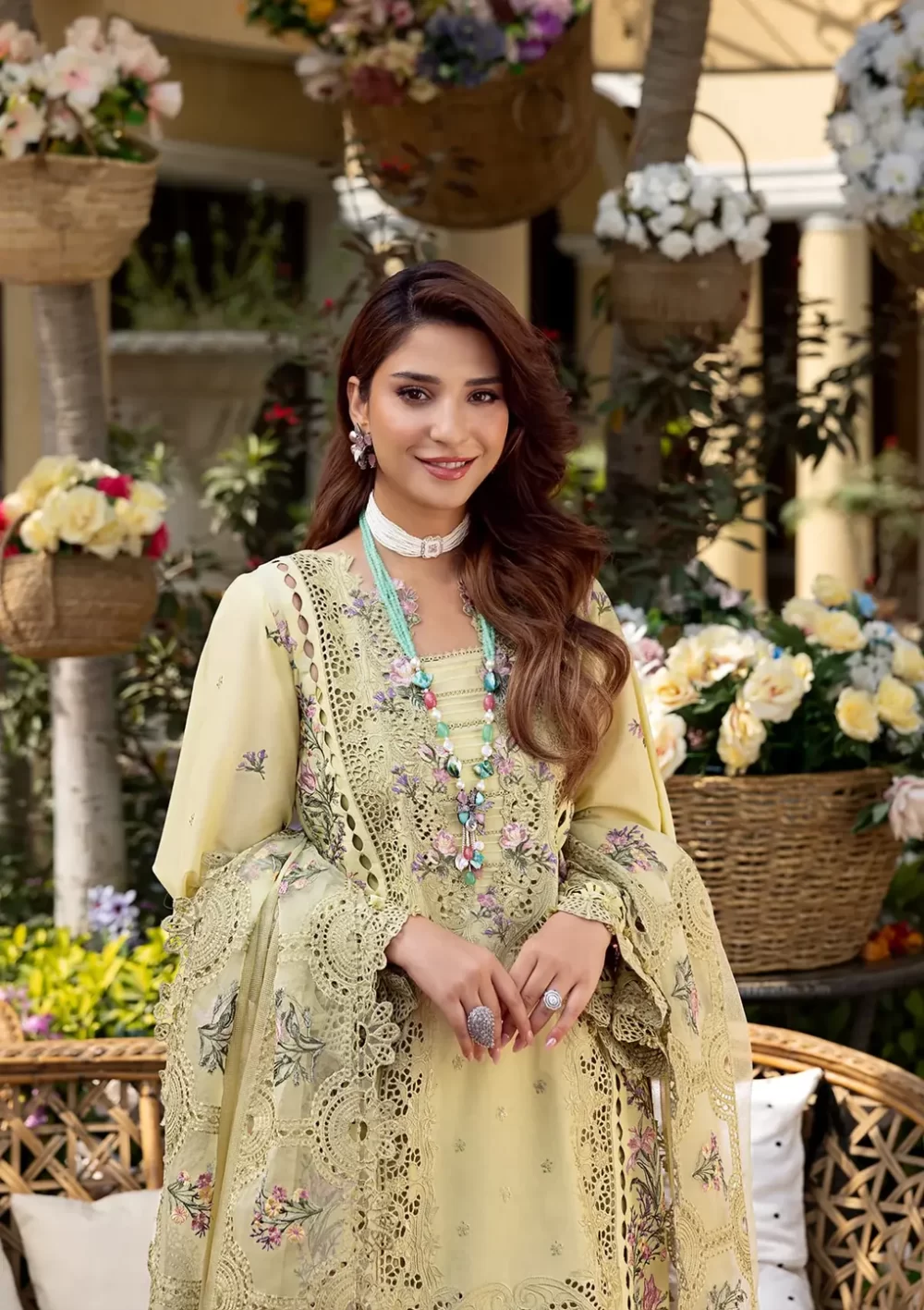 elaf, luxury lawn 25’ , 3 PIECE SUIT , unstitched, lawn , green color , Elm-3a, FRONT neck