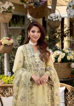 elaf, luxury lawn 25’ , 3 PIECE SUIT , unstitched, lawn , green color , Elm-3a, FRONT neck