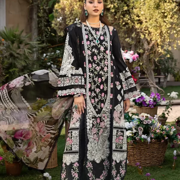 elaf, luxury lawn 25’ , 3 PIECE SUIT , unstitched, lawn , black color , Elm-04, FRONT