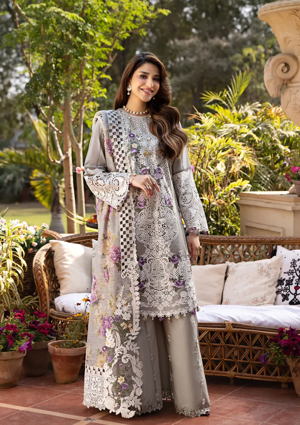 elaf, luxury lawn 25’ , 3 PIECE SUIT , unstitched, lawn , mouse grey color , Elm-05, FRONT