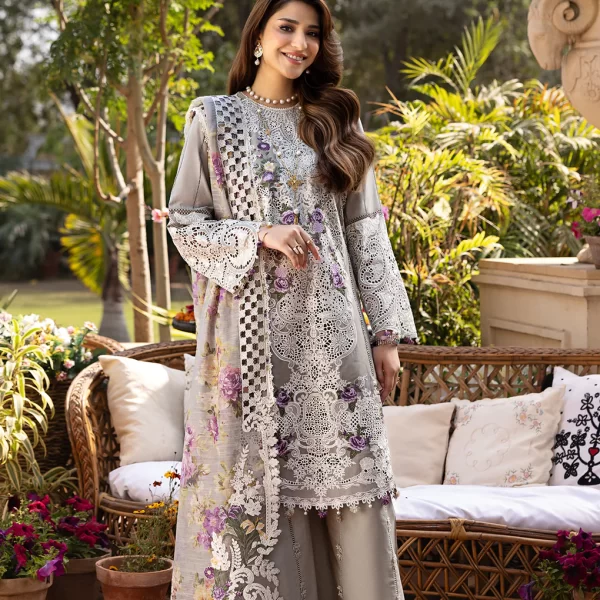 elaf, luxury lawn 25’ , 3 PIECE SUIT , unstitched, lawn , mouse grey color , Elm-05, FRONT