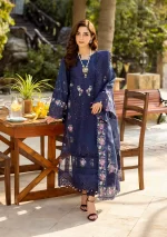 elaf, luxury lawn 25’ , 3 PIECE SUIT , unstitched, lawn , navy blue color , Elm-06, FRONT