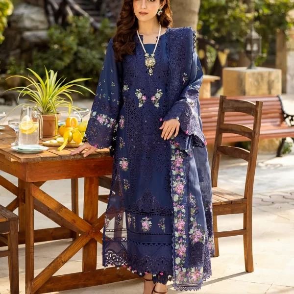 elaf, luxury lawn 25’ , 3 PIECE SUIT , unstitched, lawn , navy blue color , Elm-06, FRONT