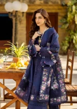 elaf, luxury lawn 25’ , 3 PIECE SUIT , unstitched, lawn , navy blue color , Elm-06, sleeves