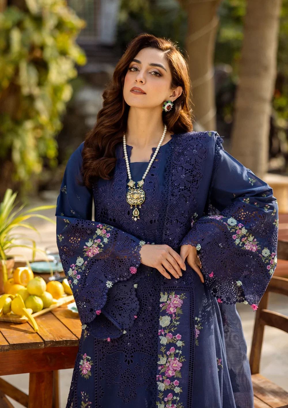 elaf, luxury lawn 25’ , 3 PIECE SUIT , unstitched, lawn , navy blue color , Elm-06, FRONT shirt