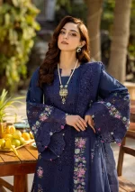 elaf, luxury lawn 25’ , 3 PIECE SUIT , unstitched, lawn , navy blue color , Elm-06, FRONT shirt