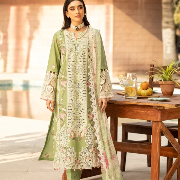 elaf, luxury lawn 25’ , 3 PIECE SUIT , unstitched, lawn , pale green color , Elm-08, front