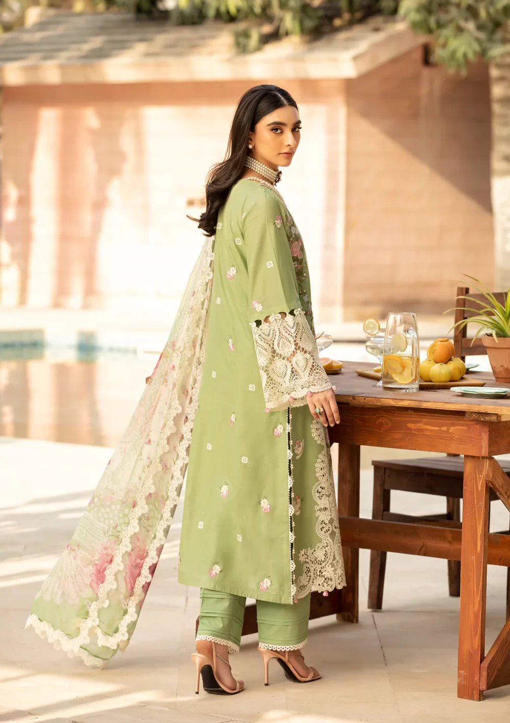 elaf, luxury lawn 25’ , 3 PIECE SUIT , unstitched, lawn , pale green color , Elm-08, back