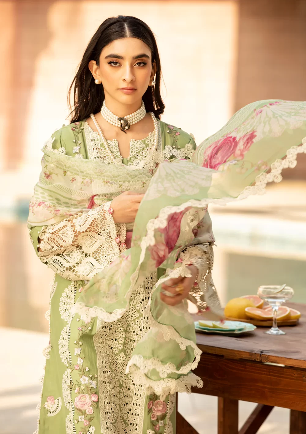 elaf, luxury lawn 25’ , 3 PIECE SUIT , unstitched, lawn , pale green color , Elm-08, sleeves and dupatta