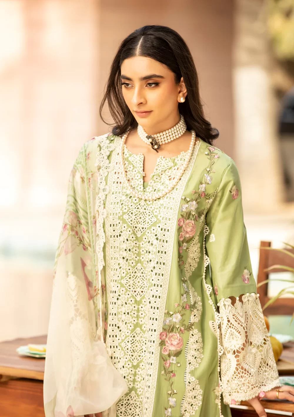 elaf, luxury lawn 25’ , 3 PIECE SUIT , unstitched, lawn , pale green color , Elm-08, front shirt neck