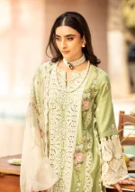 elaf, luxury lawn 25’ , 3 PIECE SUIT , unstitched, lawn , pale green color , Elm-08, front shirt neck