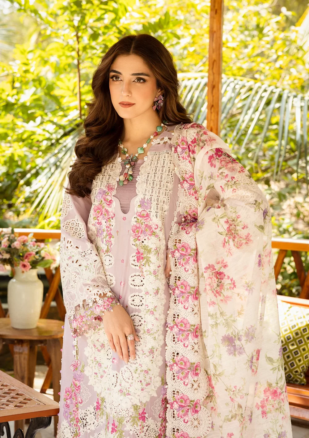 elaf, luxury lawn 25’ , 3 PIECE SUIT , unstitched, lawn , light purple color , Elm-09, sleeves and dupatta