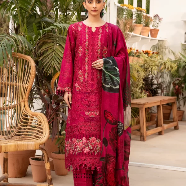 elaf, luxury lawn 25’ , 3 PIECE SUIT , unstitched, lawn , magenta color , Elm-10, front