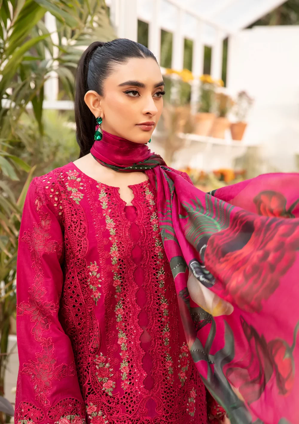 elaf, luxury lawn 25’ , 3 PIECE SUIT , unstitched, lawn , magenta color , Elm-10, front shirt