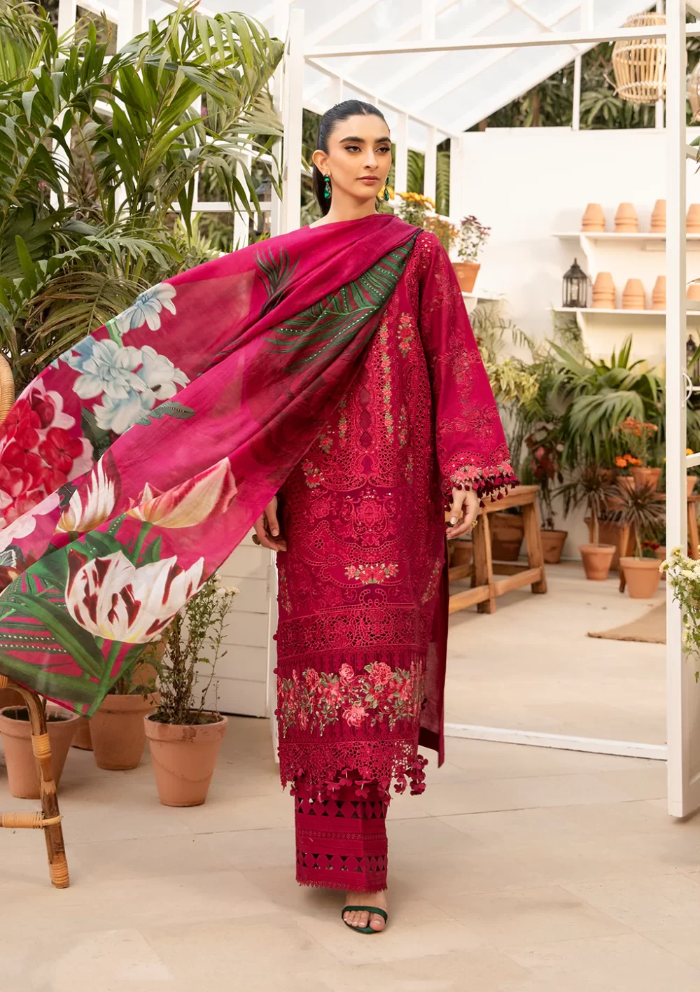 elaf, luxury lawn 25’ , 3 PIECE SUIT , unstitched, lawn , magenta color , Elm-10, front full look