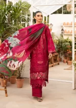 elaf, luxury lawn 25’ , 3 PIECE SUIT , unstitched, lawn , magenta color , Elm-10, front full look