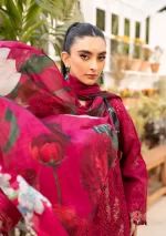 elaf, luxury lawn 25’ , 3 PIECE SUIT , unstitched, lawn , magenta color , Elm-10, dupatta