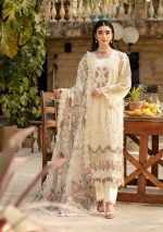 elaf, luxury lawn 25’ , 3 PIECE SUIT , unstitched, lawn , off white color , Elm-11, front