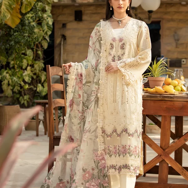 elaf, luxury lawn 25’ , 3 PIECE SUIT , unstitched, lawn , off white color , Elm-11, front