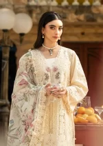 elaf, luxury lawn 25’ , 3 PIECE SUIT , unstitched, lawn , off white color , Elm-11, front neck