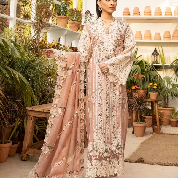 elaf, luxury lawn 25’ , 3 PIECE SUIT , unstitched, lawn , tea pink color , Elm-12, front