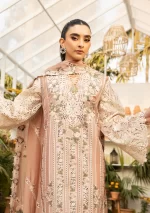 elaf, luxury lawn 25’ , 3 PIECE SUIT , unstitched, lawn , tea pink color , Elm-12, front neck