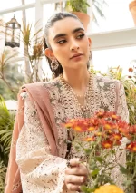 elaf, luxury lawn 25’ , 3 PIECE SUIT , unstitched, lawn , tea pink color , Elm-12, front neck and sleeves